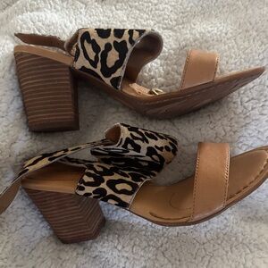 Born Leopard and Tan Heeled Sandals